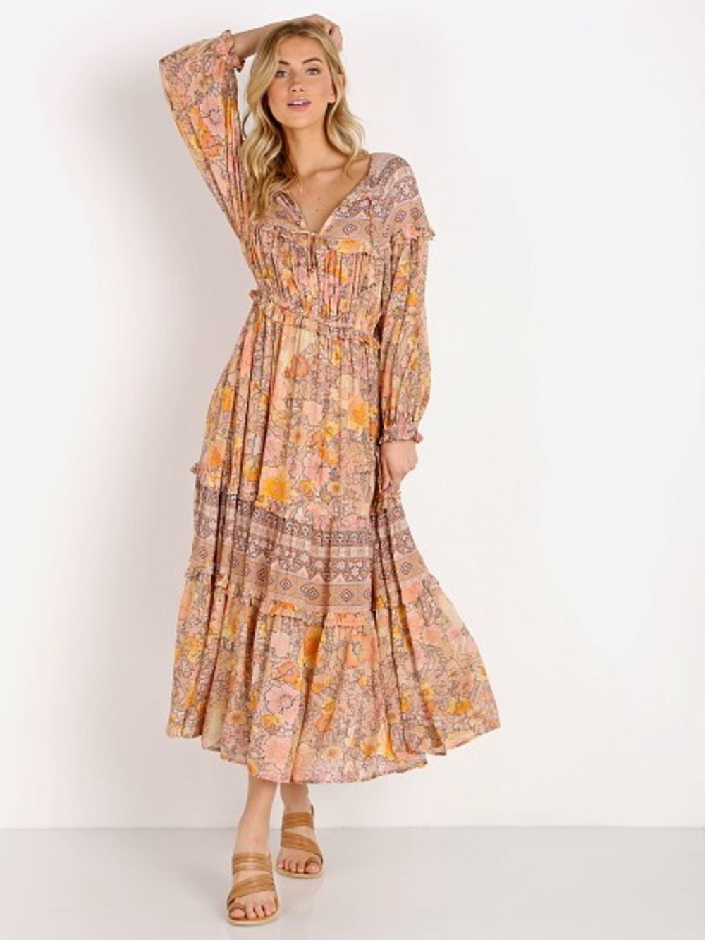 Spell & the Gypsy Amethyst Gown in peach - Boho Floral Tiered Maxi Dress - Picture 3 of 7